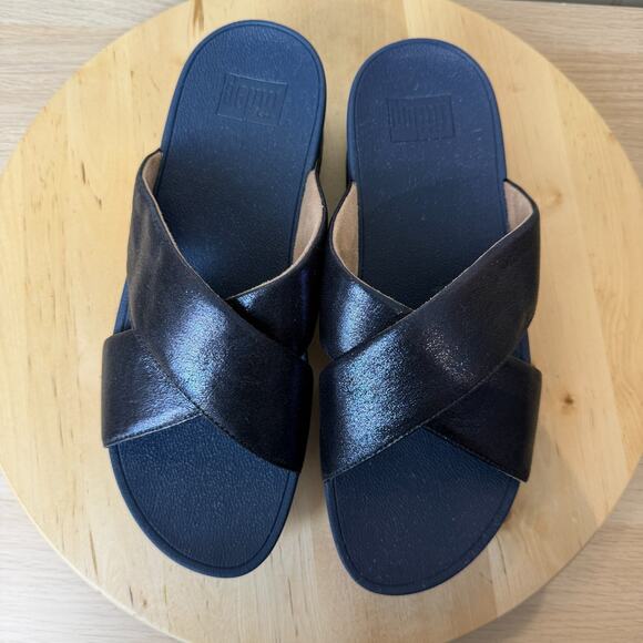 FitFlop NWOBox Womens Lulu Cross Glitz Slide Shoe Navy Blue Metallic 9M Comfort - Picture 4 of 14